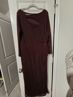 Long Sleeve Glitter Evening Gown in Deep Burgundy